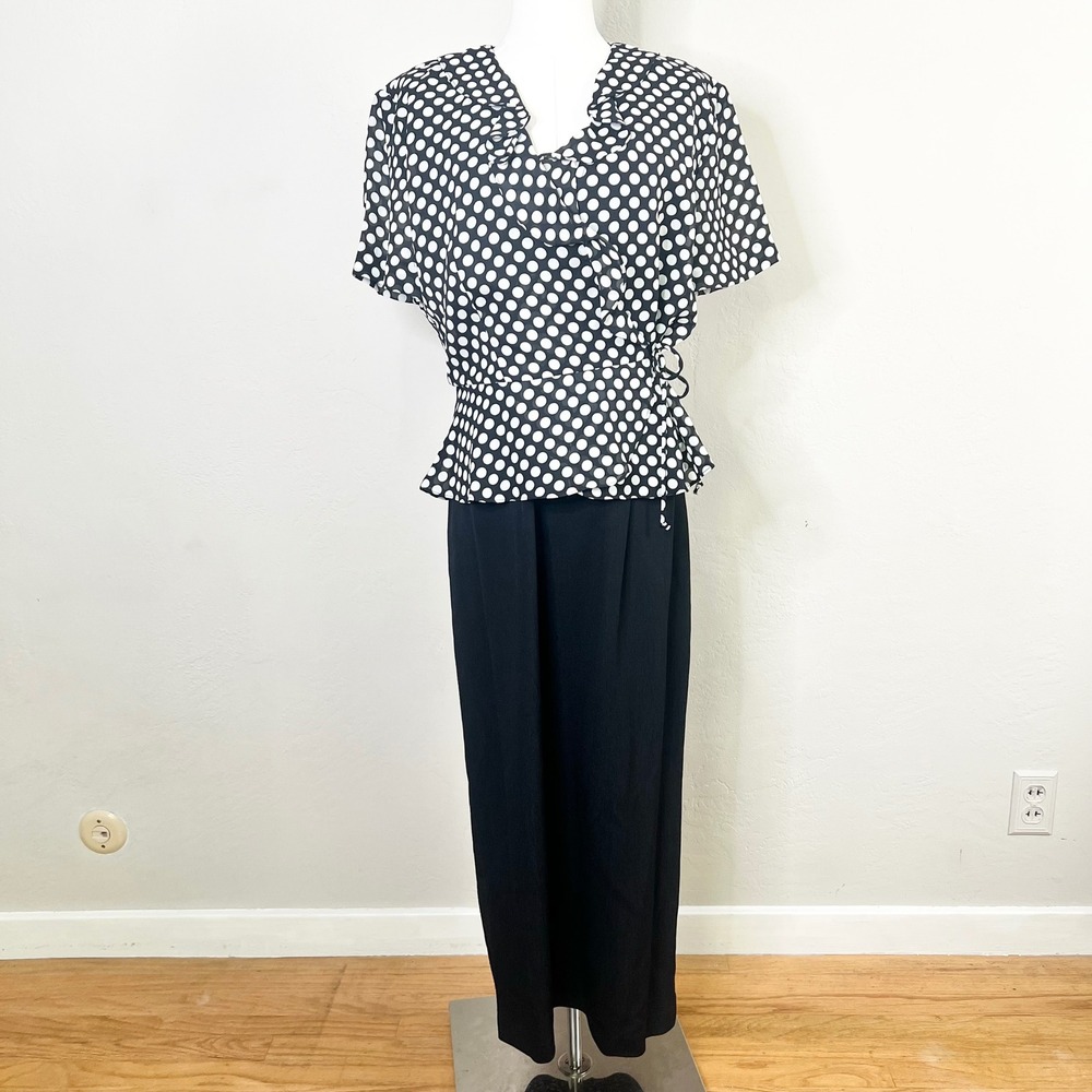John Roberts Vintage 90s Polka Dot Faux Wrap Maxi Dress Black White Size 12 USA